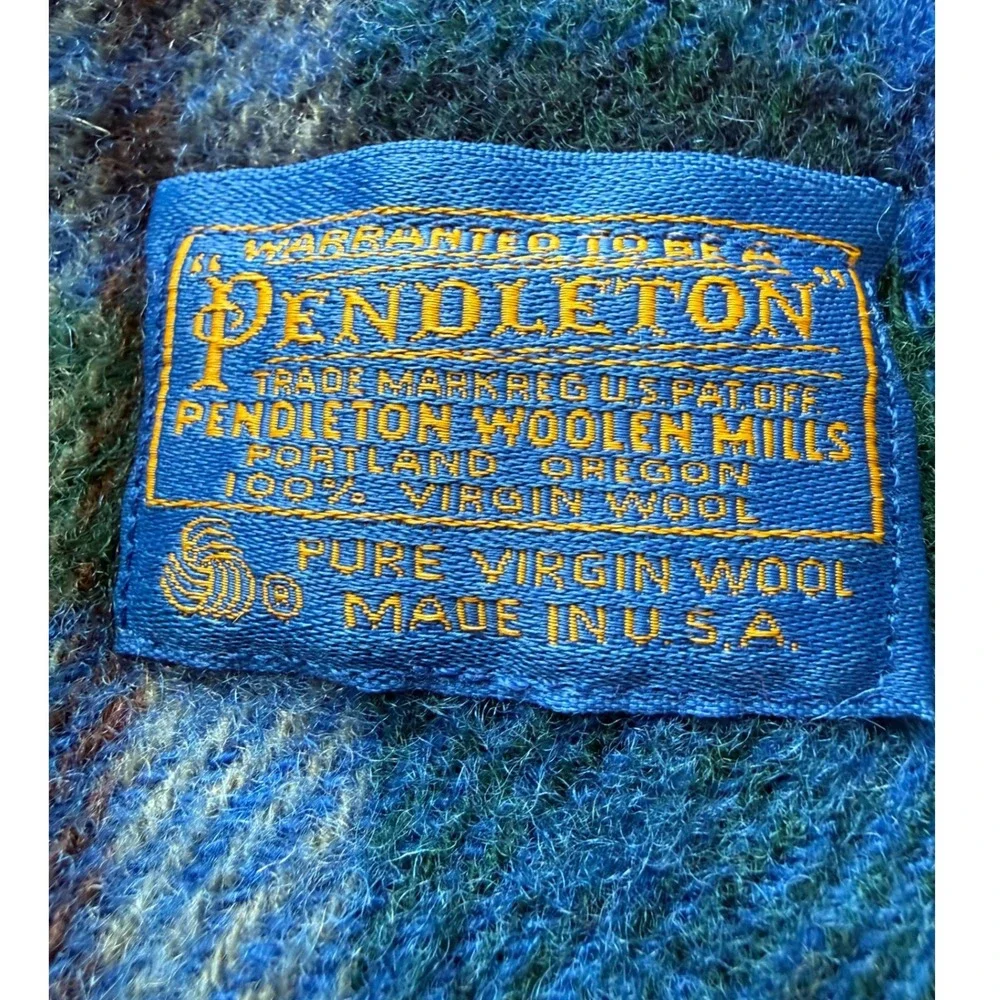 Vtg Pendleton Virgin Wool Throw Blanket Fringe Blue Green Tartan Plaid 54x68